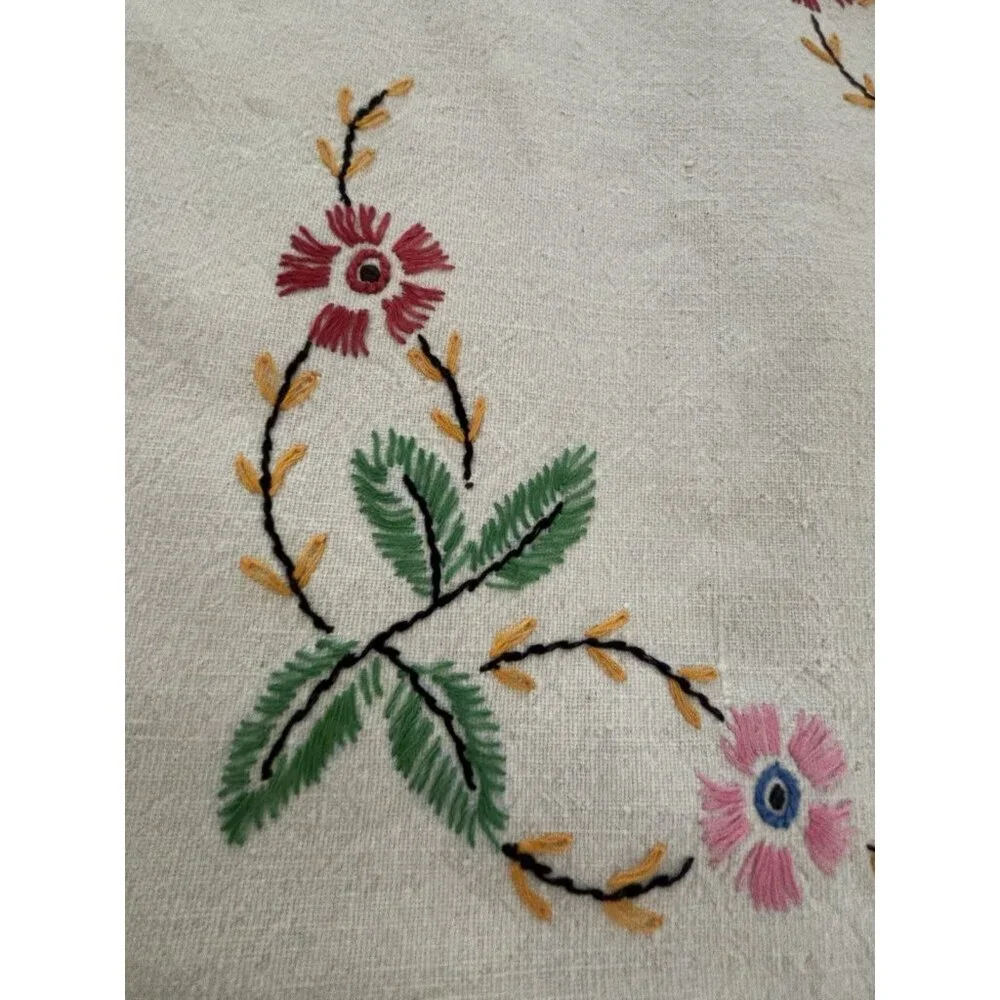 Vintage Hand Embroidery Cotton Table Cloth Floral 37x34” Square Ivory